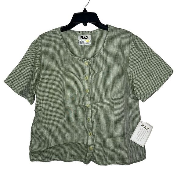 Flax Green Short Sleeve Check 100% Linen Lagenlook Button Front Shirt Small - Picture 1 of 9
